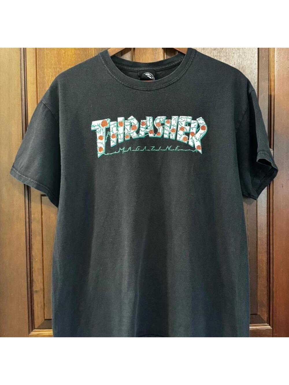 Thrasher Black Graphic T-Shirt with Rose Print small